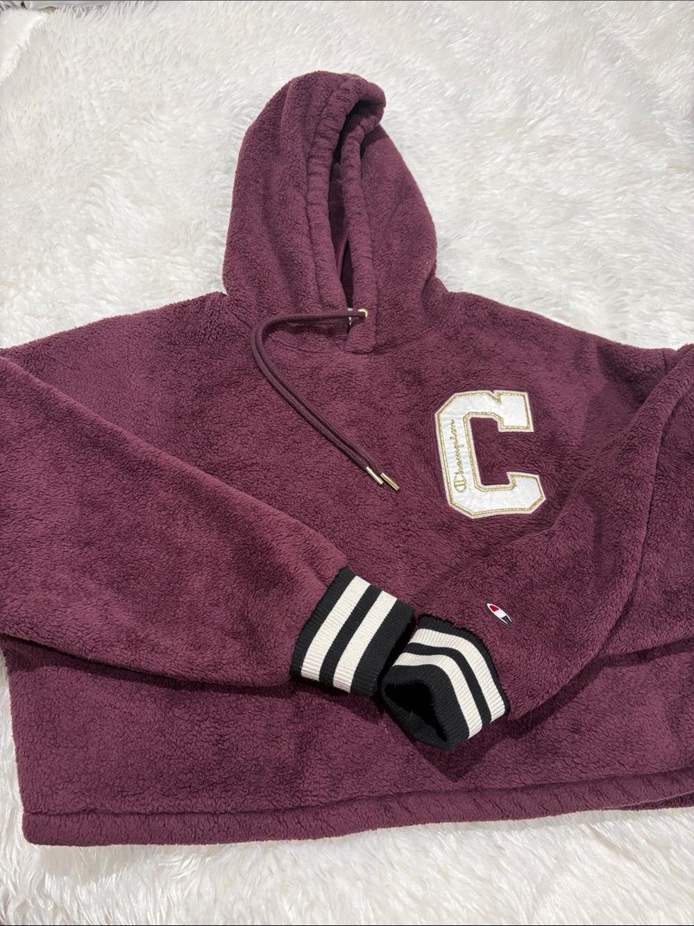 Champion Burgundy Plush Hoodie with Varsity C Patch size medium